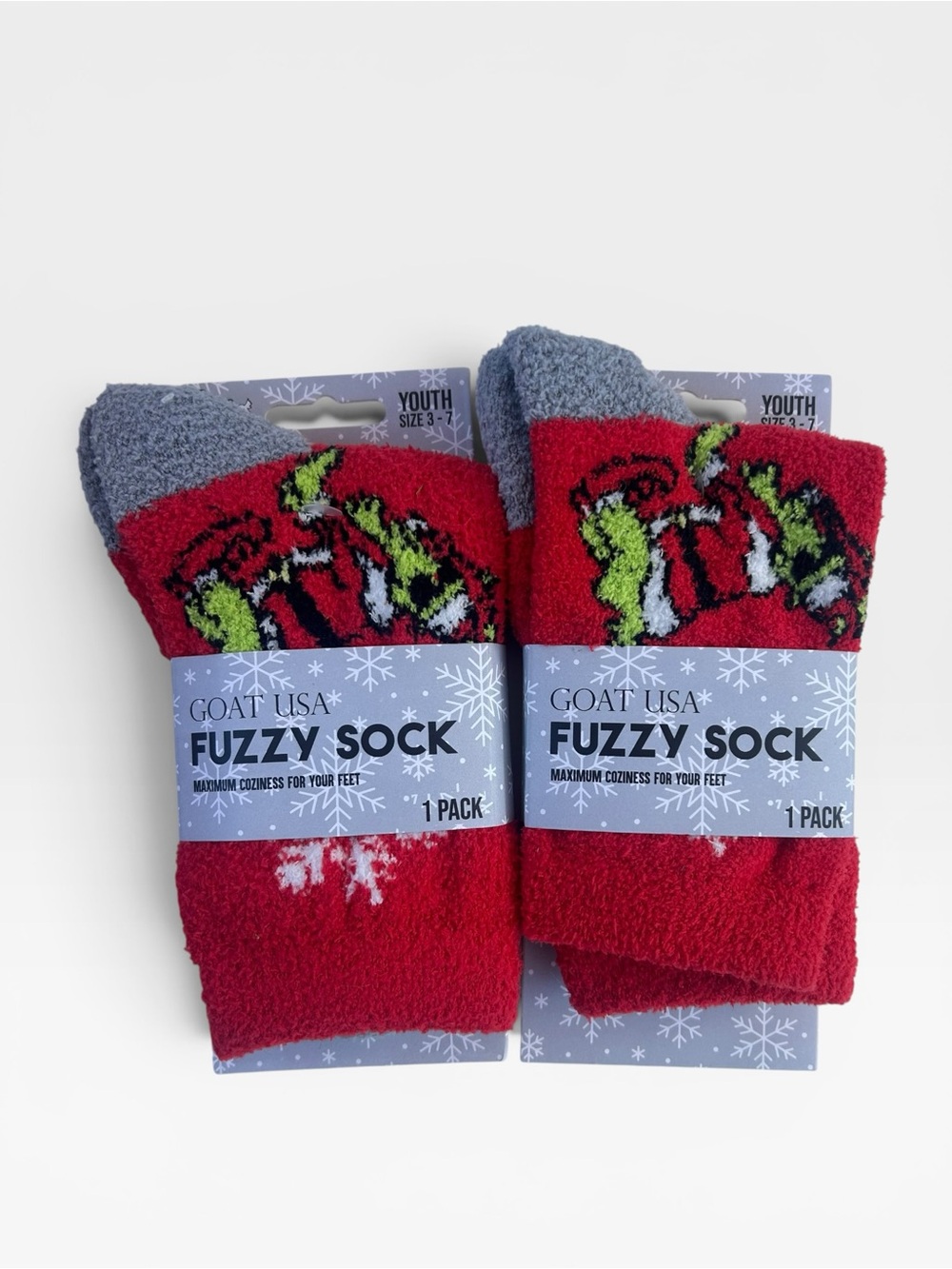 GOAT USA Naughty Santa Fuzzy Socks Youth Size 3-7 Lot of 2 Holiday Red Grey NWT